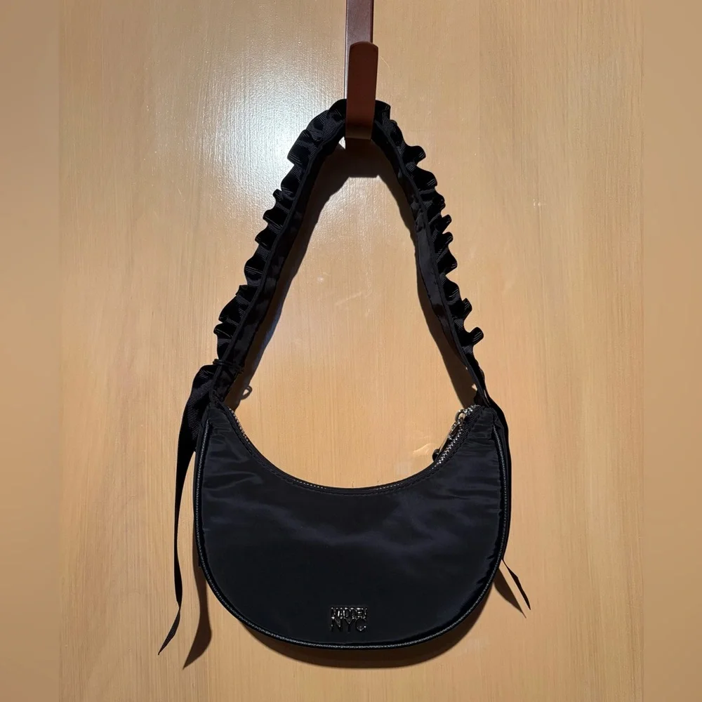 Madden NYC Women's Ruffled Ribbon Half Moon Nylon Handbag, Black NWT